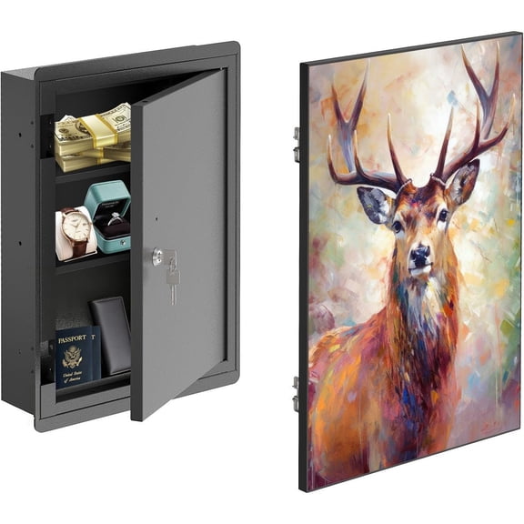 POCHAR Picture Hidden In-Wall Safe with Key Lock - Heavy-Duty Steel Lockable Hidden Wall Compartment for Secure Storage (Deer)