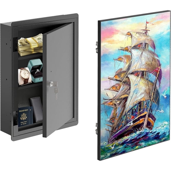 POCHAR Picture Hidden In-Wall Safe with Key Lock - Heavy-Duty Steel Lockable Wall Safe Box for Jewelry, Cash, and Documents (Sailing)