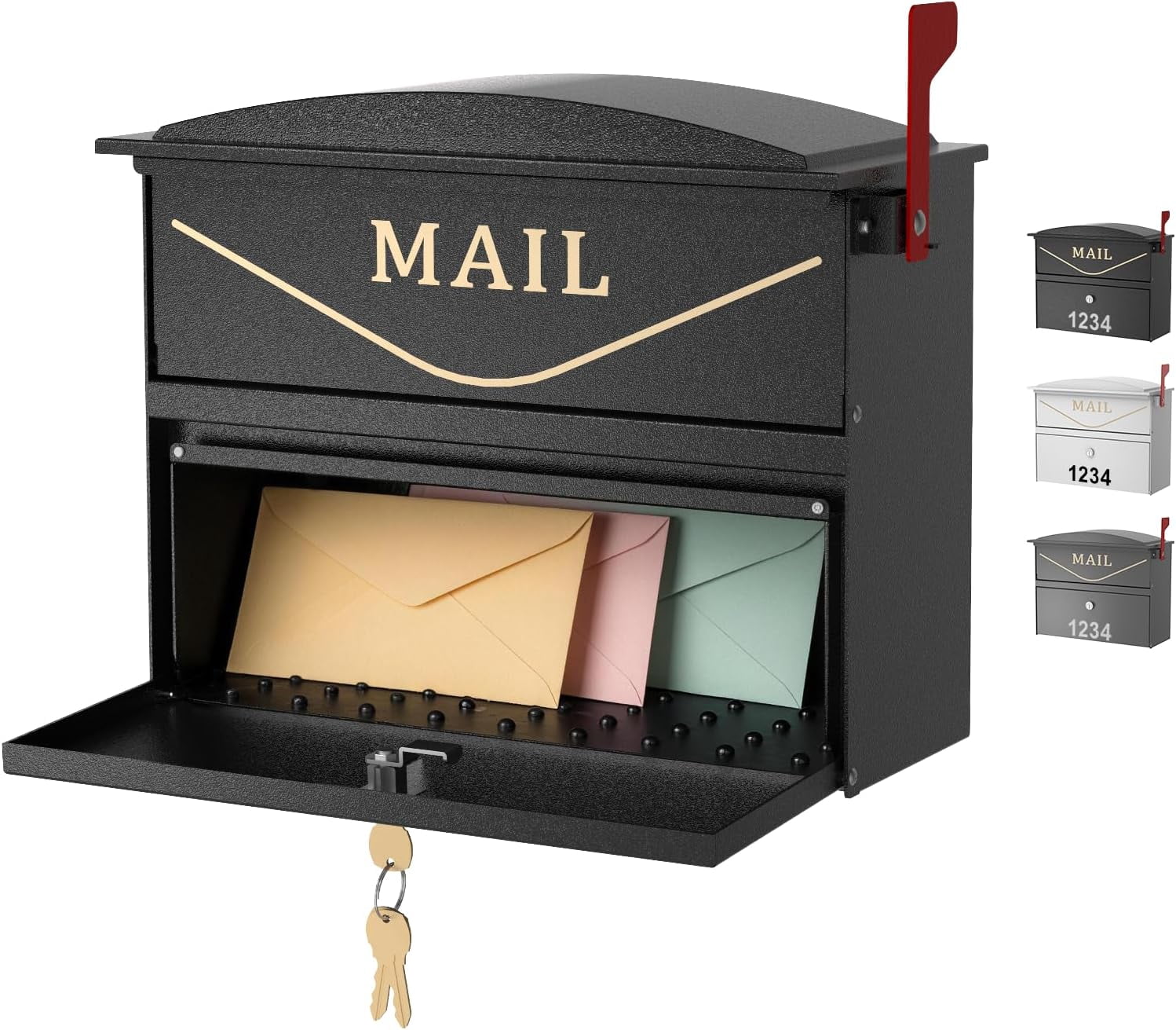 POCHAR Wall Mount Locking Mailbox for Outside, Rust-Proof Aluminum Outdoor Mail Box with Lock & Keys, Drop Box with Combination Lock with Outgoing Flag, Number Stickers (Classic Black)