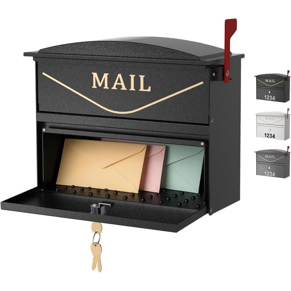 POCHAR Wall Mount Locking Mailbox for Outside, Rust-Proof Aluminum Outdoor Mail Box with Lock & Keys, Drop Box with Combination Lock with Outgoing Flag, Number Stickers (Classic Black)