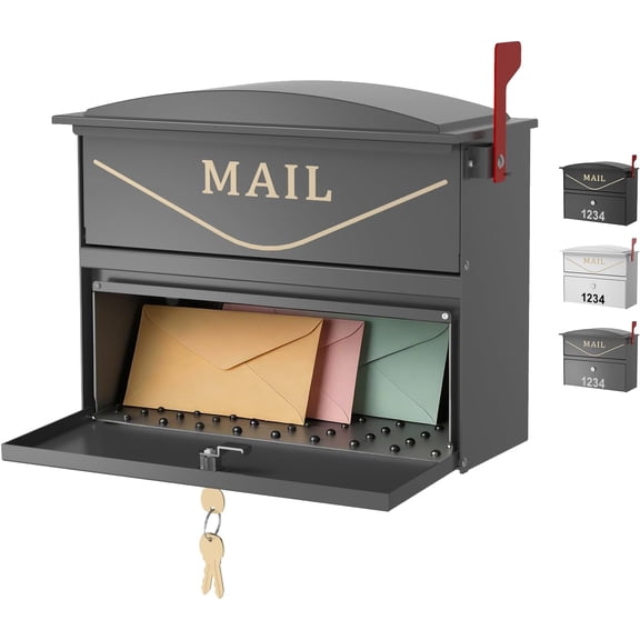 POCHAR Wall Mount Locking Mailbox for Outside, Rust-Proof Aluminum Outdoor Mail Box with Lock & Keys, Drop Box with Combination Lock with Outgoing Flag, Number Stickers (Modern Grey)