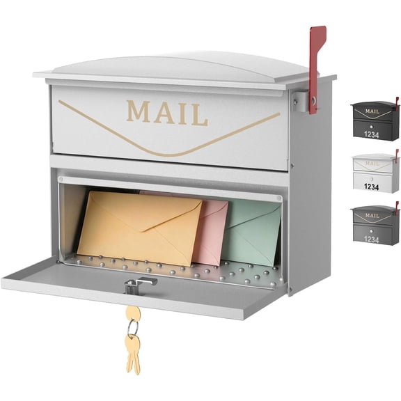POCHAR Wall Mount Locking Mailbox for Outside, Rust-Proof Aluminum Outdoor Mail Box with Lock & Keys, Drop Box with Combination Lock with Outgoing Flag, Number Stickers (Warm White)