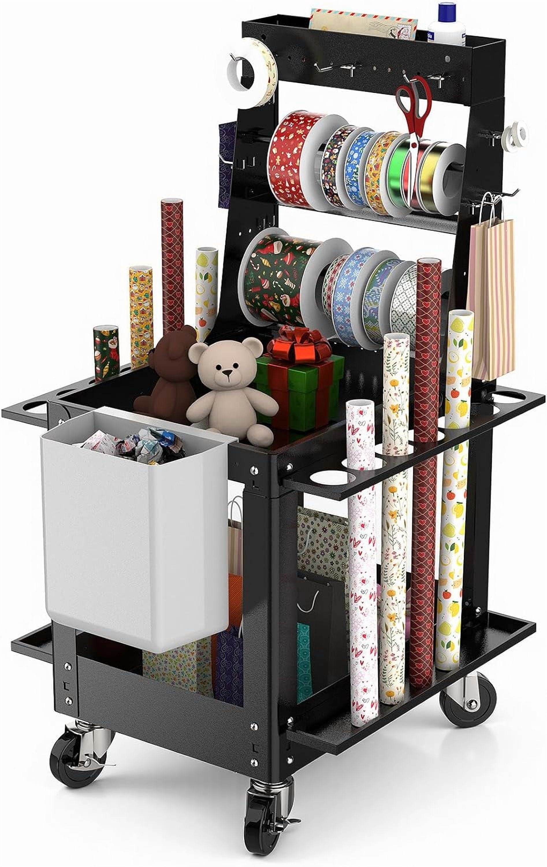 POCHAR Wrapping Paper Storage Cart - Holiday Gift Wrap Organizer with Hooks, Tape Holder and Baskets for DIY Tools, Craft Supplies (Black)