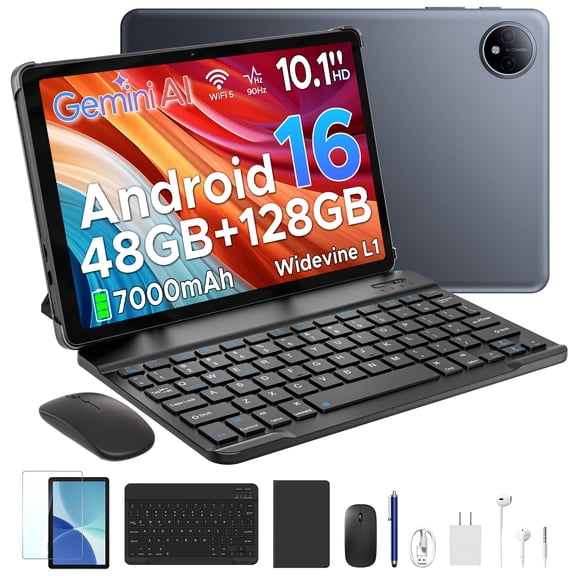 POCKAM P10 10.1 inch Tablet,Android 16 Tablet with Gemini AI,48GB RAM+128GB ROM,7000mAh,Unisoc T310 Quad Core,90Hz,8MP+5MP, Dual Speakers,Headphone,Tablet with Keyboard, Pen