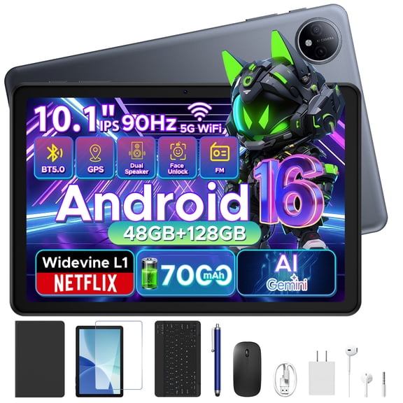 POCKAM P10 10.1 inch Tablet,Android 16 Tablet with Gemini AI,48GB RAM+128GB ROM,7000mAh,Unisoc T310 Quad Core,90Hz,8MP+5MP, Dual Speakers,Headphone,Tablet with Keyboard, Pen