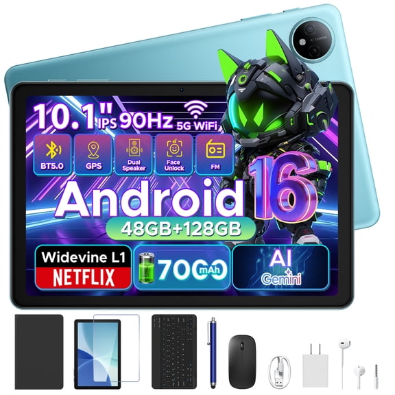 POCKAM P10 10.1 inch Tablet,Android 16 Tablet with Gemini AI,48GB RAM+128GB ROM,7000mAh,Unisoc T310 Quad Core,90Hz,8MP+5MP, Dual Speakers,Headphone,Tablet with Keyboard, Pen