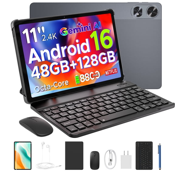 POCKAM P10 10.1 inch Tablet, 48GB RAM+128GB ROM, Android 16 Tablet with Gemini AI, 7000mAh, Unisoc T310 Quad-Core, 90Hz, 8MP+5MP, Dual Speakers, Headphone, Tablet with Keyboard, Pen, Case