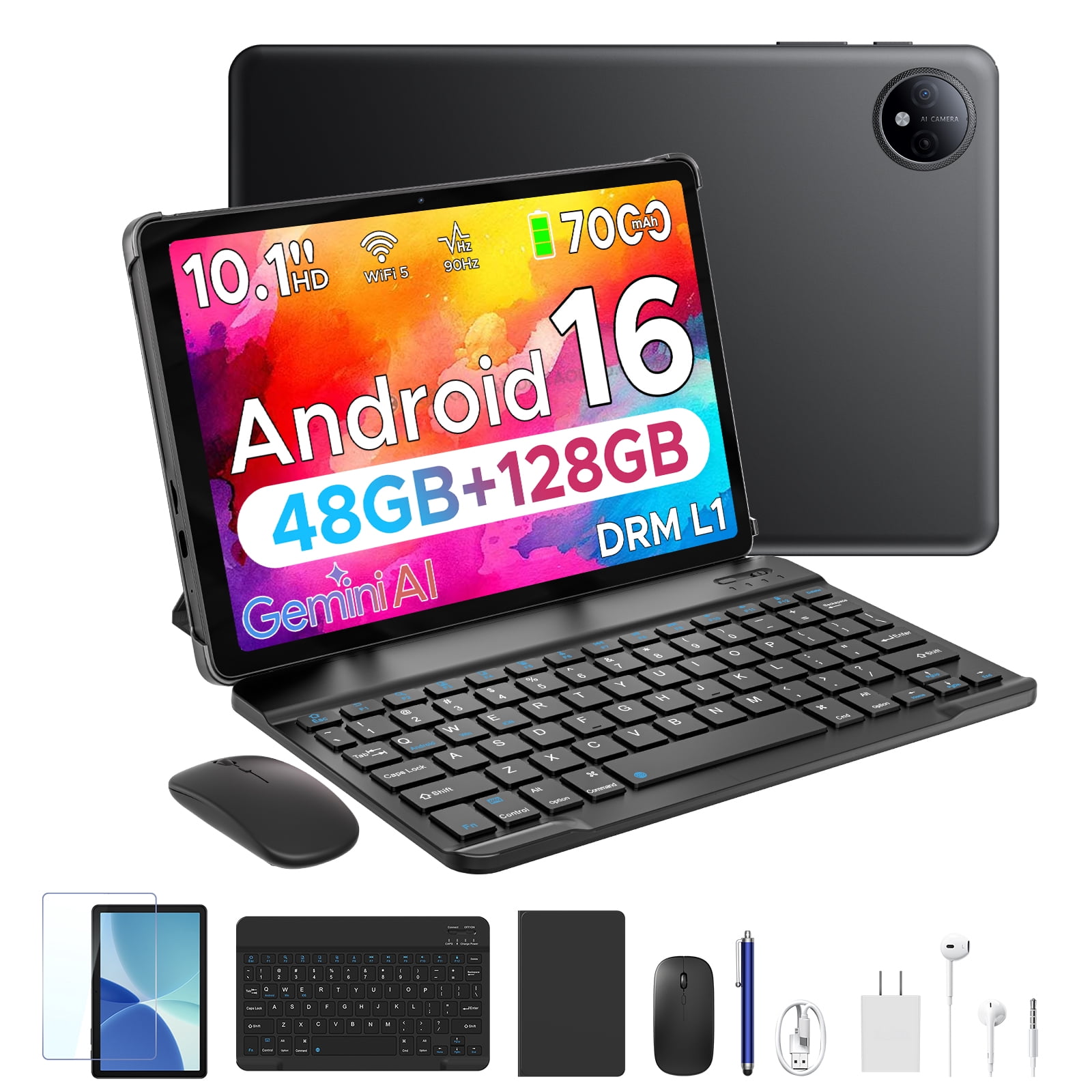 POCKAM P10 10.1 inch Tablet, 48GB RAM+128GB ROM, Android 16 Tablet with Gemini AI, 7000mAh, Unisoc T310 Quad-Core, 90Hz, 8MP+5MP, Dual Speakers, Headphone, Tablet with Keyboard, Pen, Case
