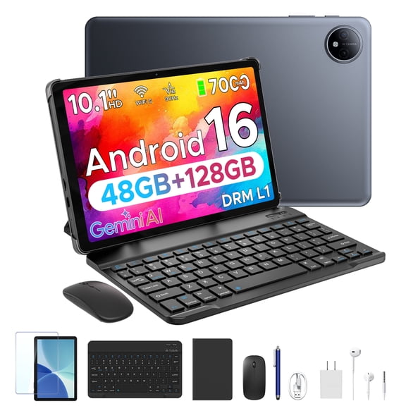 POCKAM P10 10.1 inch Tablet, 48GB RAM+128GB ROM, Android 16 Tablet with Gemini AI, 7000mAh, Unisoc T310 Quad-Core, 90Hz, 8MP+5MP, Dual Speakers, Headphone, Tablet with Keyboard, Pen, Case