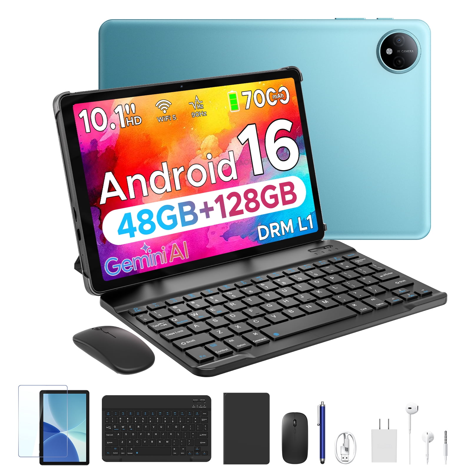 POCKAM P10 10.1 inch Tablet, 48GB RAM+128GB ROM, Android 16 Tablet with Gemini AI, 7000mAh, Unisoc T310 Quad-Core, 90Hz, 8MP+5MP, Dual Speakers, Headphone, Tablet with Keyboard, Pen, Case