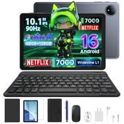 POCKAM P10 10.1 inch Tablet,Android 16 Tablet with Gemini AI,48GB RAM+128GB ROM,7000mAh,Unisoc T310 Quad Core,90Hz,8MP+5MP, Dual Speakers,Headphone,Tablet with Keyboard, Pen