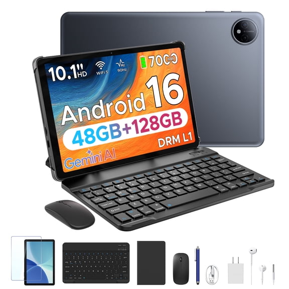 POCKAM P10 Android 16 Tablet, 10 inch Tablet, 48GB RAM+128GB ROM/2TB TF, Gemini AI, 90Hz Display, 7000mAh, OTG, 5G WiFi, Face ID, OTG, GPS, 3.5mm Jack, Widevine L1, Tablets with keyboard