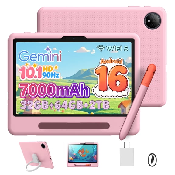 POCKAM P10 Kid 10 inch Tablet, 32GB RAM + 64GB ROM, 90Hz Android 16 Kids Tablet with Gemini AI, Quad-Core T310, 10.1'' IPS HD Screen, 7000mAh, 5G WIFI, Stylus Pen, Silicone Case