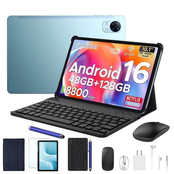 POCKAM P10 Pro Tablet, 10 Inch 120Hz Screen, Android 16, Gemini AI, 48GB RAM 128GB ROM Expandable 2TB, 8800mAh Battery, 13MP+5MP Camera, Face ID, 5G WiFi, 3.5mm Audio Jack, OTG Support with Keyboard