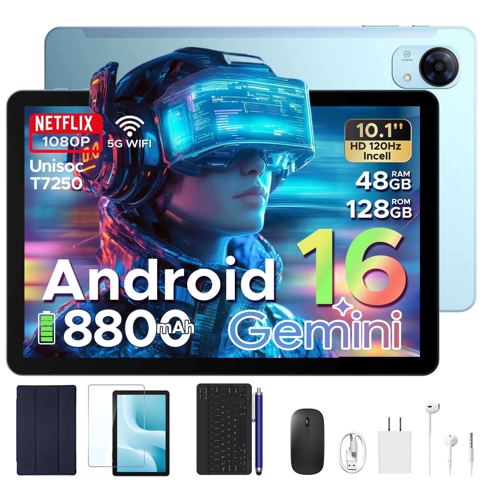 POCKAM P10PRO 10.1 inch Tablet, Android 16 Tablets with 120Hz Display, 48GB+128GB/2TB, T7250 Octa-Core, 8800mAh, Widevine L1, Gemini AI, 13MP+5MP, 3.5mm Headphone, Keyboard, Pen