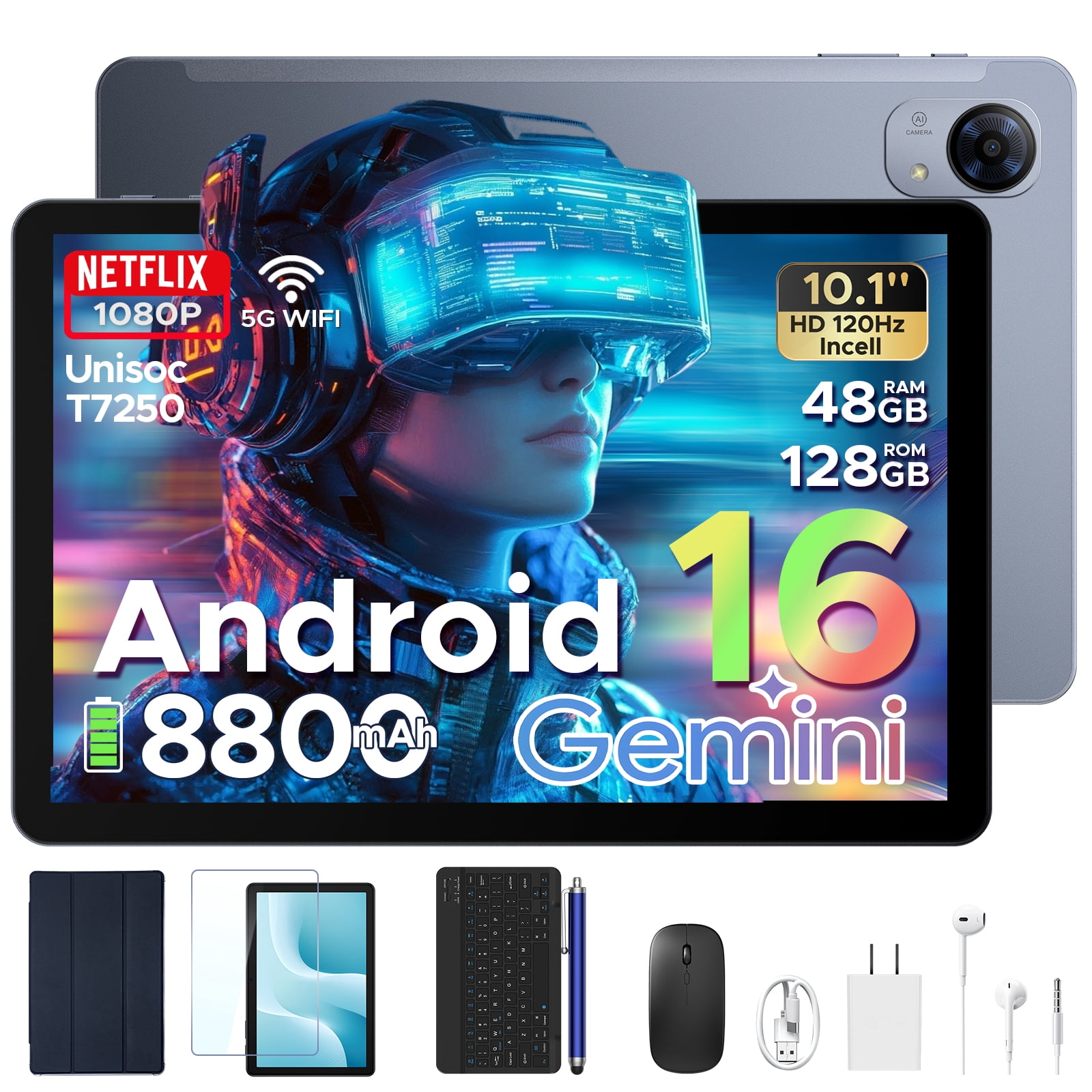 POCKAM P10PRO 10.1 inch Tablet, Android 16 Tablets with 120Hz Display, 48GB+128GB/2TB, T7250 Octa-Core, 8800mAh, Widevine L1, Gemini AI, 13MP+5MP, 3.5mm Headphone, Keyboard, Pen