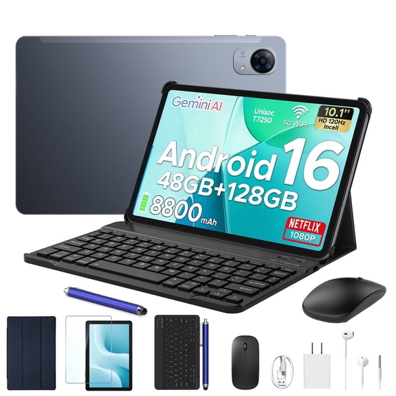 POCKAM P10PRO 10.1 inch Tablet, Android 16 Tablets with 120Hz Display, 48GB+128GB/2TB, T7250 Octa-Core, 8800mAh, Widevine L1, Gemini AI, 13MP+5MP, 3.5mm Headphone, Keyboard, Pen