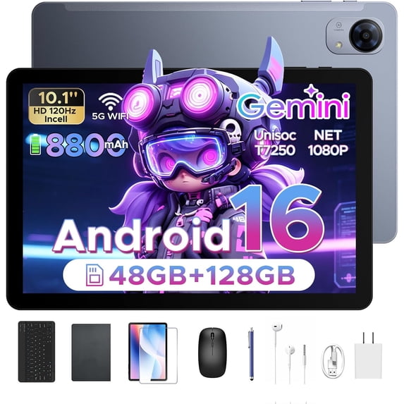 POCKAM P10 Pro Android 16 Tablet, 10 Inch Tablets with Gemini AI, 120Hz, 48GB RAM+128GB ROM/2TB, Octa-Core T7250, 8800mAh, 13MP+5MP, 3.5mm Jack, Face ID, GPS, 5G WiFi, Tablet with Keyboard Pen