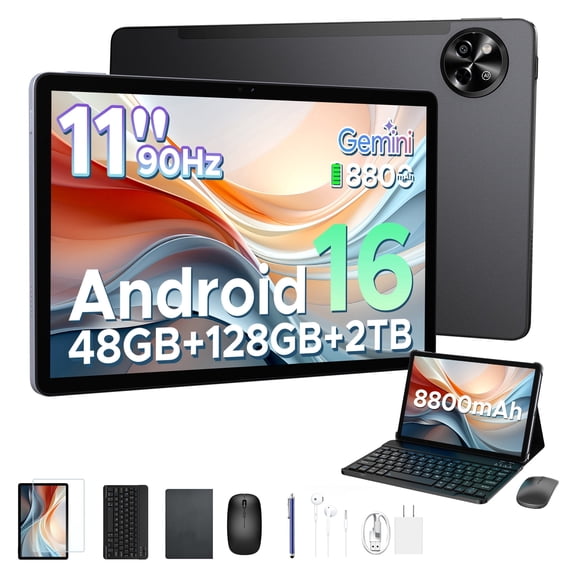 POCKAM P11 Android 16 Tablet, 11 inch Tablet with Gemini AI, 48GB RAM+128GB ROM/2 TF, 120Hz, T7250 Octa-Core, 8800mAh/18W, 13MP+5MP, Widevine L1, Face ID, GPS, FM, OTG, Tablet with Keyboard Pen