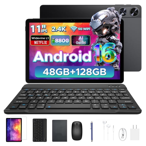 POCKAM P11 Pro Android 16 Tablet, 11 inch Tablet with Gemini AI, 48GB RAM+128GB ROM, 8800mAh,Tablet 2.4K 90Hz, T7250 Octa-Core, 13MP+5MP, 5G WIFI