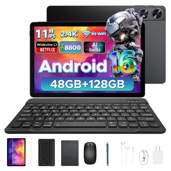 POCKAM P11 Pro Android 16 Tablet, 11 inch Tablet with Gemini AI, 48GB RAM+128GB ROM, Tablet 2.4K 90Hz, T7250 Octa-Core, 13MP+5MP, 8800mAh, 5G WIFI, Headphone, Tablet with Keyboard, Pen, Mouse