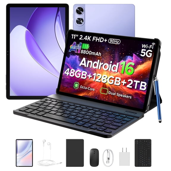 POCKAM P11 Pro Android 16 Tablet, 11 inch Tablet with Gemini AI, 48GB RAM+128GB ROM, Tablet 2.4K 90Hz, T7250 Octa-Core, 13MP+5MP, 8800mAh, 5G WIFI, Headphone, Tablet with Keyboard, Pen, Mouse