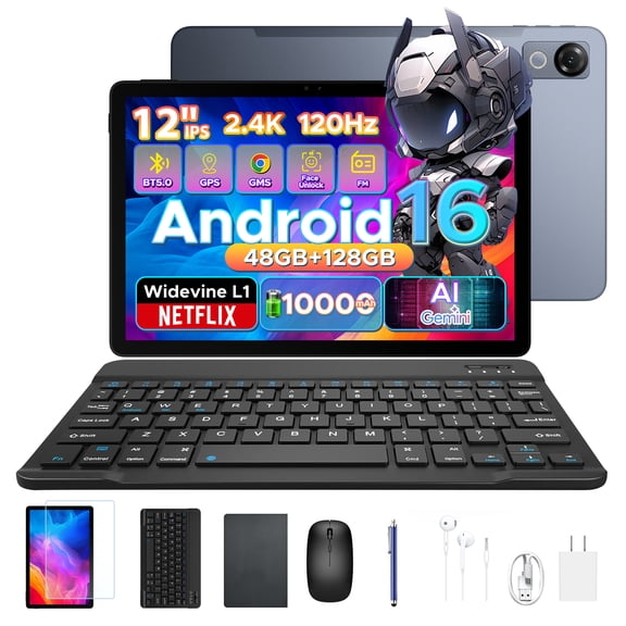 POCKAM P12 2026 Latest Android 16 Tablet, Gemini AI, 12 Inch Android Tablet , 120Hz 2.4K,Octa-Core ,48GB+128GB/2TB,10000mAh, Tablet with Keyboard, Pen