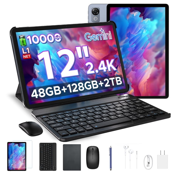POCKAM 12 Inch Gemini AI Android 16 Tablet,48GB RAM+128GB /2TB,10000mAh, 120Hz Display, T7280 Octa Core, Face ID, Tablet with Keyboard, Pen