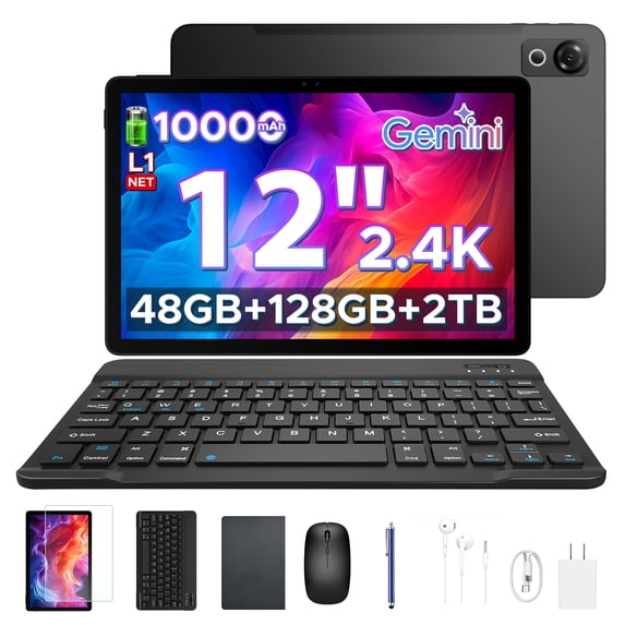 POCKAM 12 Inch Gemini AI Android 16 Tablet,48GB RAM+128GB /2TB,10000mAh, 120Hz Display, T7280 Octa Core, Face ID, Tablet with Keyboard, Pen