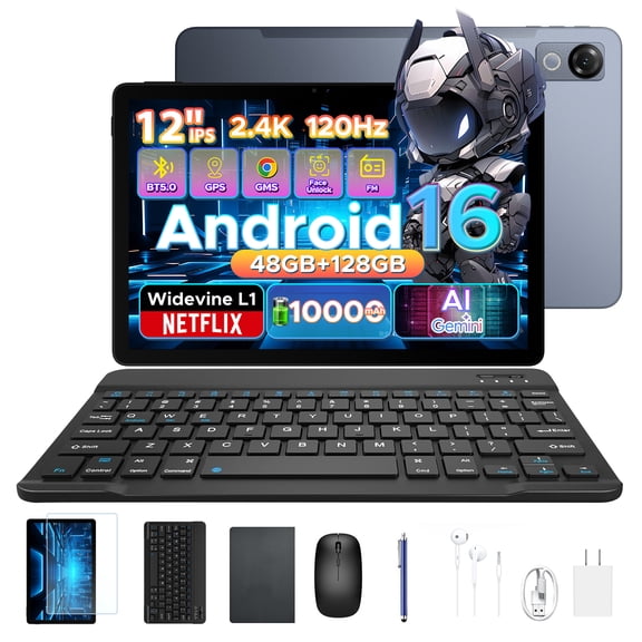 POCKAM P12 2026 Latest Android 16 Tablet, 120Hz 2.4K Android Tablet 12 Inch, Octa-Core Gaming Tablet with 48GB+128GB/2TB,10000mAh, Gemini AI, 13MP+8MP, Widevine L1, Tablet with Keyboard, Pen