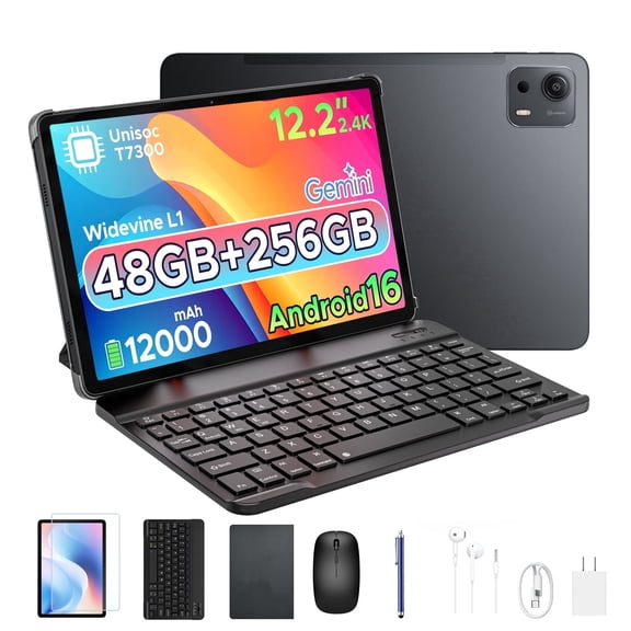 POCKAM P12 Plus 12 inch Tablet Android 16, 12000mAh/18W, T7300 Octa-core, 2.4K 120Hz, 48GB RAM+256GB ROM/2TB TF, 5G WiFi, 8MP+13MP, Gemini AI, Face ID, OTG, Tablet with Keyboard and Pen