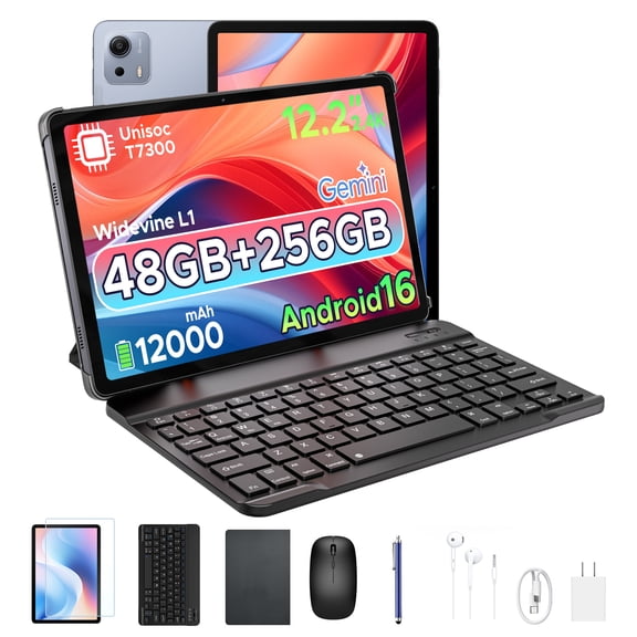 POCKAM P12 Plus Android Tablet, 12.2" 2.4K IPS Tablet, 48GB RAM (12GB+36GB Extended) 256GB ROM, Android 16, 120Hz, 12000mAh, 13MP+8MP Camera, 5G WiFi, Tablet with Keyboard, Pen, Headphone