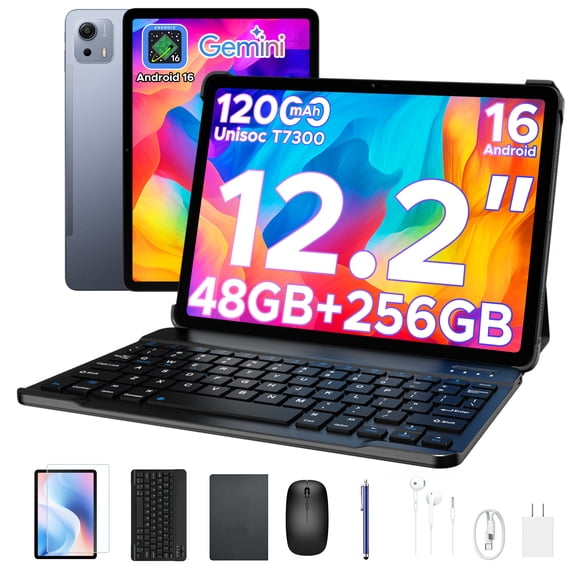 POCKAM P12 Plus 12 inch Tablet Android 16, 12000mAh/18W, T7300 Octa-core, 2.4K 120Hz, 48GB RAM+256GB ROM/2TB TF, 5G WiFi, 8MP+13MP, Gemini AI, Face ID, OTG, Tablets with Keyboard and Pen