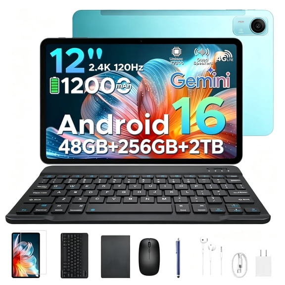POCKAM P12 Pro Android 16 Tablets with Gemini AI,12 inch Tablet , 48GB+256GB/2TB, 12000mAh, 2.4K 120Hz T7300 Octa-Core, 13MP+8MP, WiFi 5, Face ID,Tablet with Keyboard, Pen