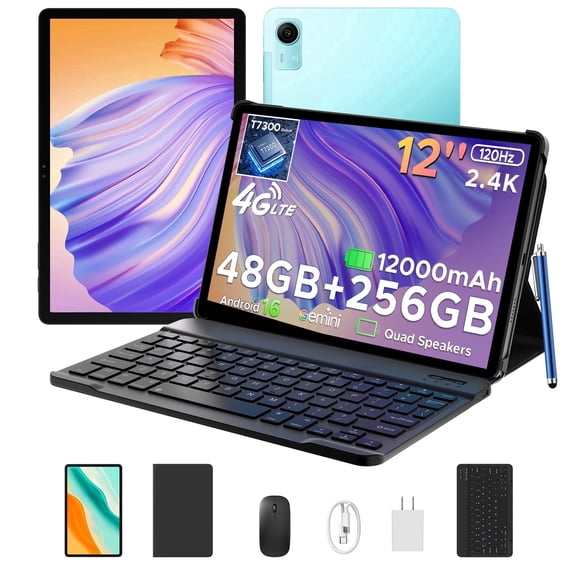 POCKAM P12 Pro 12 inch Tablet, 2.4K 120Hz Android 16 Tablets with Gemini AI, 48GB+256GB/2TB, 12000mAh, T7300 Octa-Core, 13MP+8MP, WiFi 5, Face ID, 4G LTE, Keyboard, Pen, Case