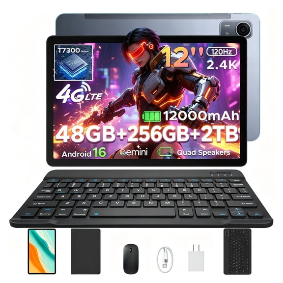 POCKAM P12 Pro Android 16 Tablets with Gemini AI,12 inch Tablet , 48GB+256GB/2TB, 12000mAh, 2.4K 120Hz T7300 Octa-Core, 13MP+8MP, WiFi 5, Face ID,Tablet with Keyboard, Pen