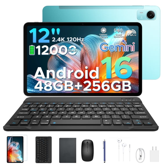 POCKAM P12 Pro 12 inch Tablet, Android 16 Tablets with Gemini AI, 48GB+256GB/2TB, 12000mAh, 2.4K 120Hz T7300 Octa-Core, 13MP+8MP, WiFi 5, Face ID