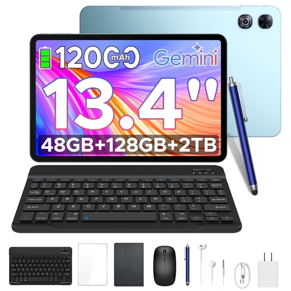 POCKAM P13 13.4 inch Tablets, 2.4K 120Hz Android 16 Tablet with Gemini AI, 48GB RAM 128GB ROM, 12000mAh Battery,Widevine L1,13MP + 8MP Camera, Dual Speakers, Tablet with Keyboard & Pen-Case
