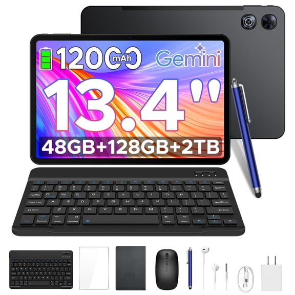 POCKAM P13 13.4 inch Tablets, 2.4K 120Hz Android 16 Tablet with Gemini AI, 48GB RAM 128GB ROM, 12000mAh Battery,Widevine L1,13MP + 8MP Camera, Dual Speakers, Tablet with Keyboard & Pen-Case