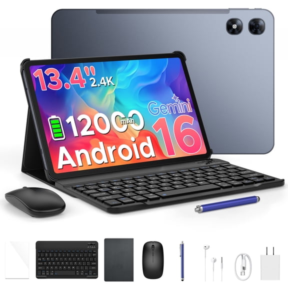 POCKAM P13 Pro Tablet, 13.4 inch Tablet, 48GB RAM 256GB ROM, Android 16 Tablet with Gemini AI, 120Hz, 12000mAh, 16MP+8MP, 7.7mm Body, 5G WiFi, 4G LTE, Tablet with Keyboard, Pen, Headphone - Gray
