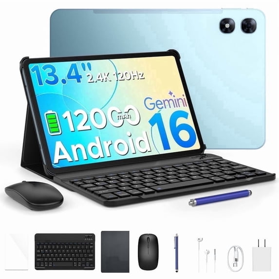 POCKAM P13 Pro Tablet, 13.4 inch Tablet, 48GB RAM 256GB ROM, Android 16 Tablet with Gemini AI, 120Hz, 12000mAh, 16MP+8MP, 7.7mm Body, 5G WiFi, 4G LTE, Tablet with Keyboard, Pen, Headphone - Gray