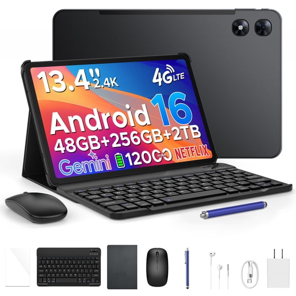 POCKAM P13 Pro Gemini AI Android 16 Tablet, 13.4 inch Tablet, 48GB RAM 256GB ROM, 120Hz, 12000mAh, 16MP+8MP, 7.7mm Body, 5G WiFi, 4G LTE, Tablet with Keyboard, Pen