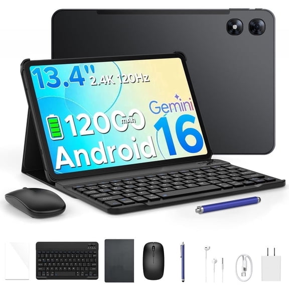 POCKAM P13 Pro Tablet, 13.4 inch Tablet, 48GB RAM 256GB ROM, Android 16 Tablet with Gemini AI, 120Hz, 12000mAh, 16MP+8MP, 7.7mm Body, 5G WiFi, 4G LTE, Tablet with Keyboard, Pen, Headphone - Gray
