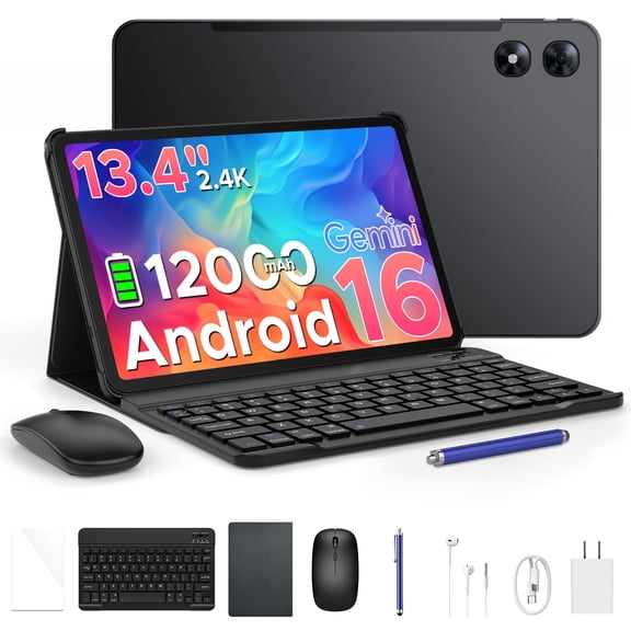 POCKAM P13 Pro Tablet, 13.4 inch Tablet, 48GB RAM 256GB ROM, Android 16 Tablet with Gemini AI, 120Hz, 12000mAh, 16MP+8MP, 7.7mm Body, 5G WiFi, 4G LTE, Tablet with Keyboard, Pen, Headphone - Gray