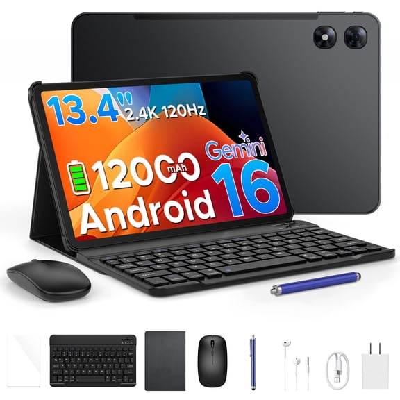 POCKAM P13 Pro Tablet, 13.4 inch Tablet, 48GB RAM 256GB ROM, Android 16 Tablet with Gemini AI, 120Hz, 12000mAh, 16MP+8MP, 7.7mm Body, 5G WiFi, 4G LTE, Tablet with Keyboard, Pen, Headphone - Gray