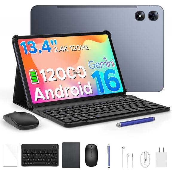 POCKAM P13 Pro Tablet, 13.4 inch Tablet, 48GB RAM 256GB ROM, Android 16 Tablet with Gemini AI, 120Hz, 12000mAh, 16MP+8MP, 7.7mm Body, 5G WiFi, 4G LTE, Tablet with Keyboard, Pen, Headphone - Gray