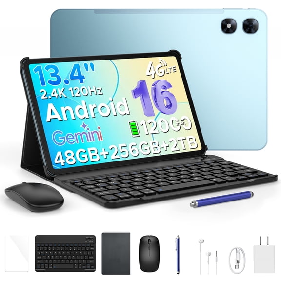 POCKAM P13 Pro Gemini AI Android 16 Tablet, 13.4 inch Tablet, 48GB RAM 256GB ROM, 120Hz, 12000mAh, 16MP+8MP, 7.7mm Body, 5G WiFi, 4G LTE, Tablet with Keyboard, Pen