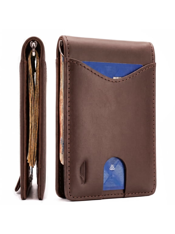 Men's Slim Genuine Leather RFID Bifold Money Clip Wallet, Texas Brown