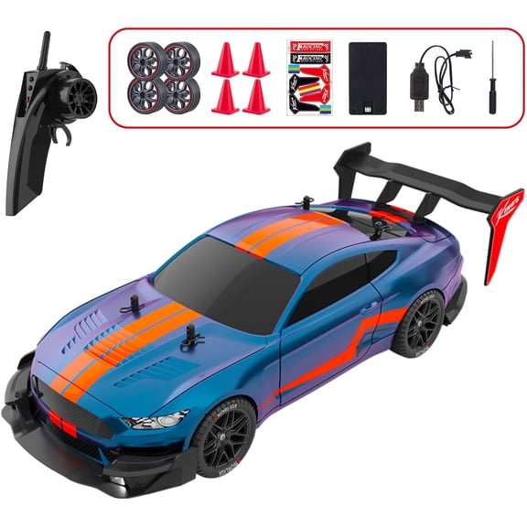 POCO DIVO 4WD Drift Racing Car, 1/14 RC Tail Wing Spoiler Racer, Radio Control High Speed 30kmph Vehicle, 12 Demo Play Sports LED Cars with Drifting Wheels and Racing Tires, Classic Gifts, Blue
