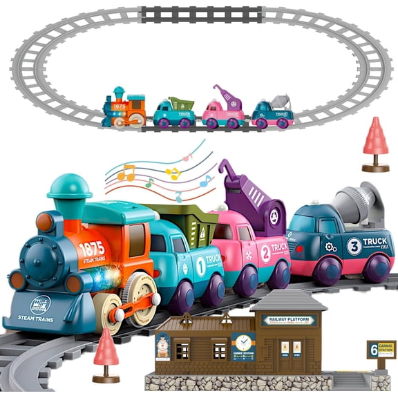 POCO DIVO Cartoon Train Set, Electric Music Lighting Locomotive, STEM Toy Engine Truck Kids Tracks Rail, Boys Girls Christmas Birthday Gifts, Children Education Play Railway Model